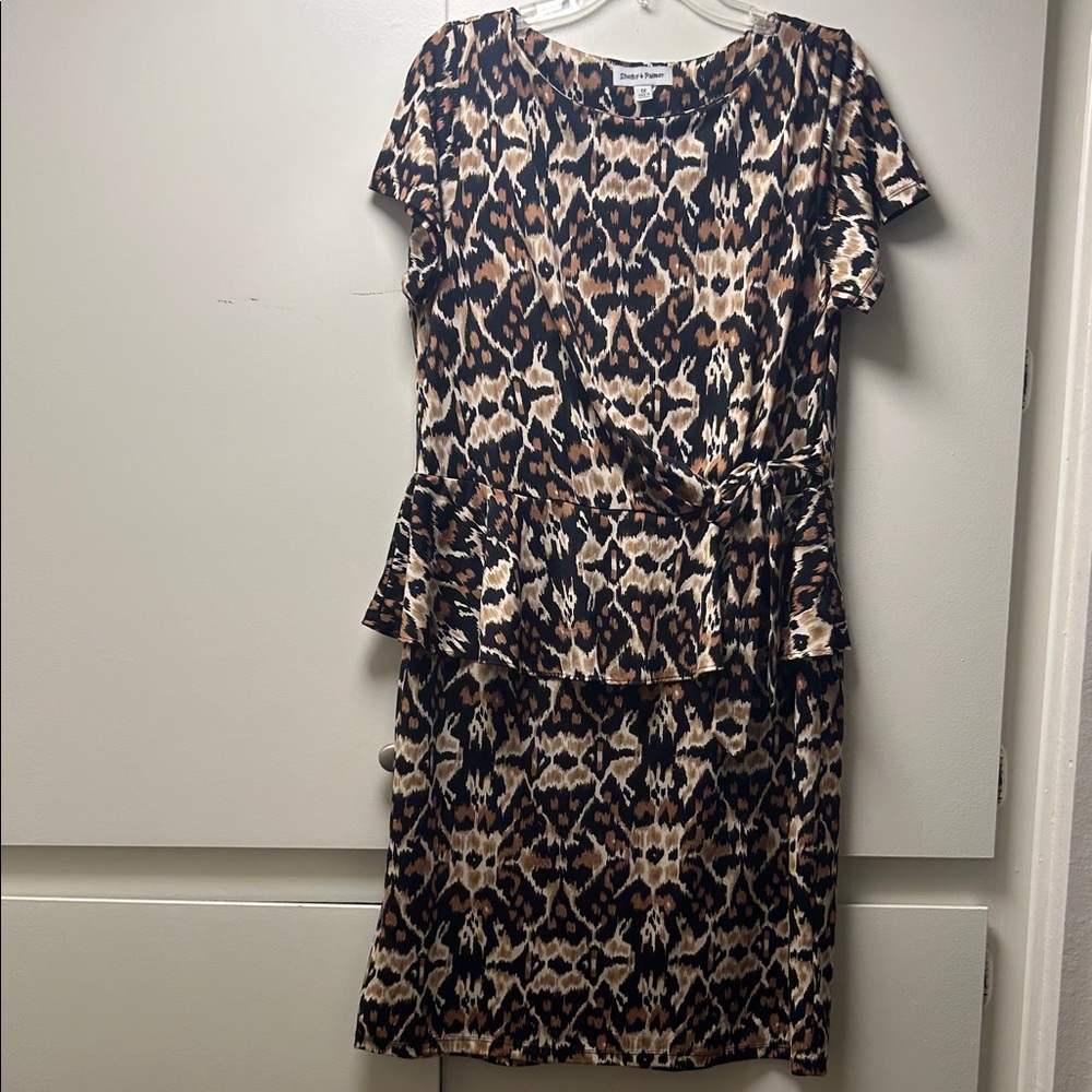 Shelby & Palmer Short-Sleeve Brown & Cream Animal-Print Peplum Midi Dress
